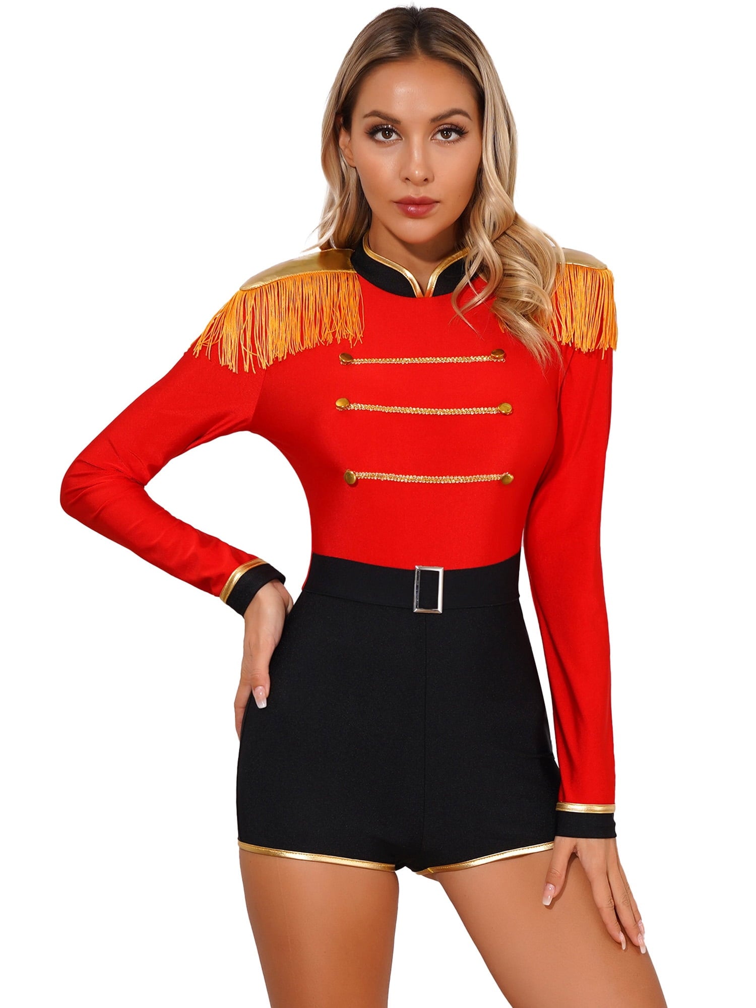 Haitryli Women's Circus Ringmaster Costume Tassel Leotard Bodysuit Halloween Cosplay Party Outfits Red L