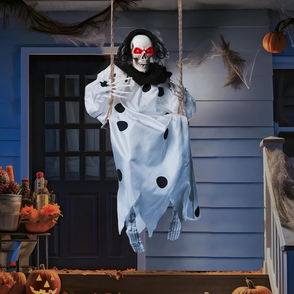 Joyfy 3 FT Halloween Hanging Swinging Skeleton,Light Up Creepy Grim Reaper with Black Hood Decorations for Halloween Hanging Decorations Indoor Outdoor Yard Home Decorations
