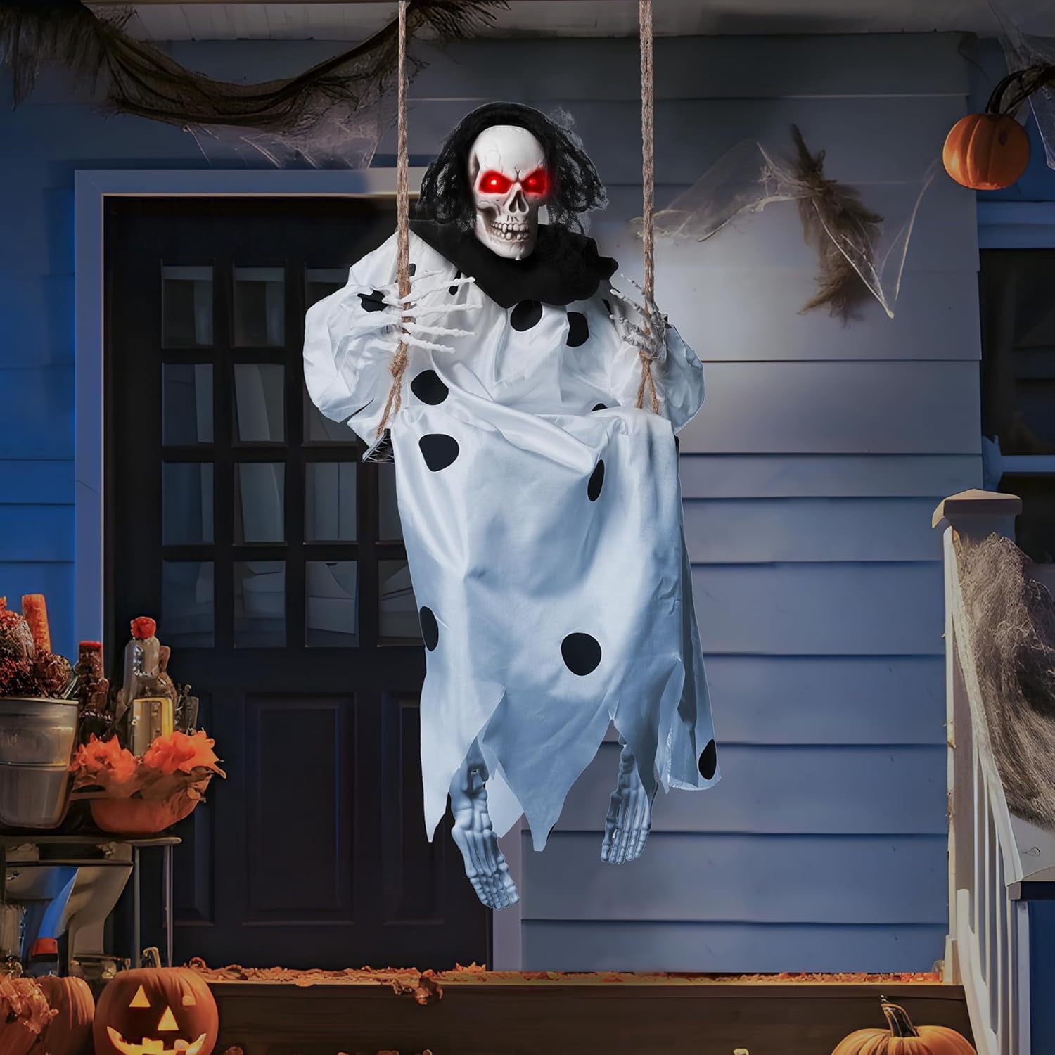 Joyfy 3 FT Halloween Hanging Swinging Skeleton,Light Up Creepy Grim Reaper with Black Hood Decorations for Halloween Hanging Decorations Indoor Outdoor Yard Home Decorations