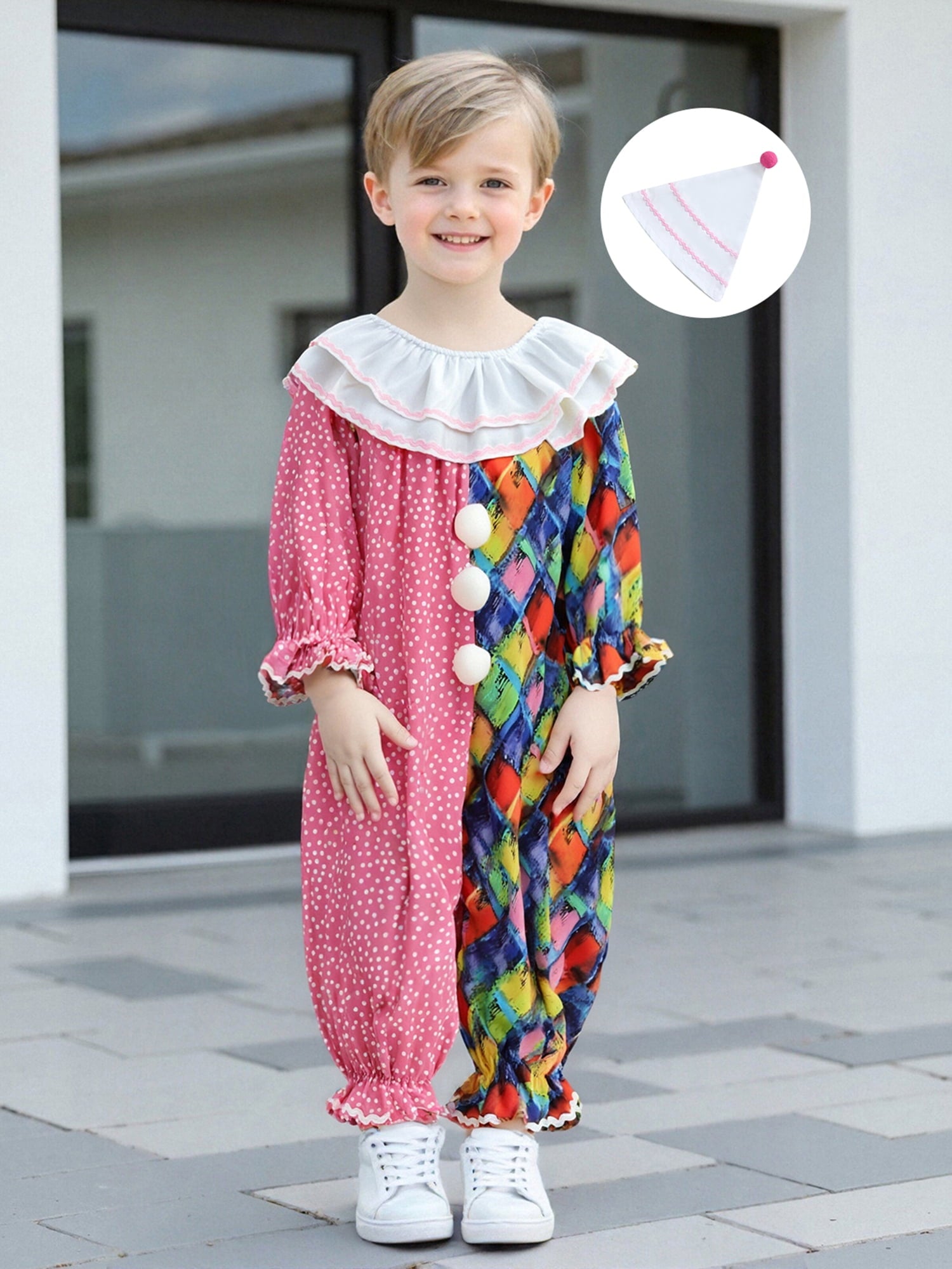 RUINIXCW Kids Toddler Baby Girl Boy Halloween Outfit Clown Costume Infant Baby Girl Boy Romper Birthday Photoshoot Outfit Contrast Color Long Sleeve Jumpsuit Hat