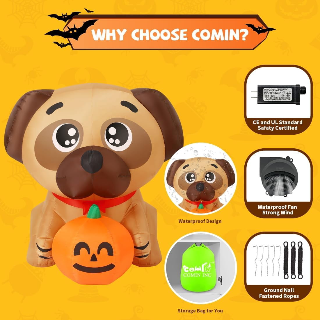 COMIN 5 FT Halloween Inflatables Dog Outdoor Yard Decorations Blow Up Pug Holding Pumpkin with Built-in LEDs for Indoor Party Garden Lawn Decor