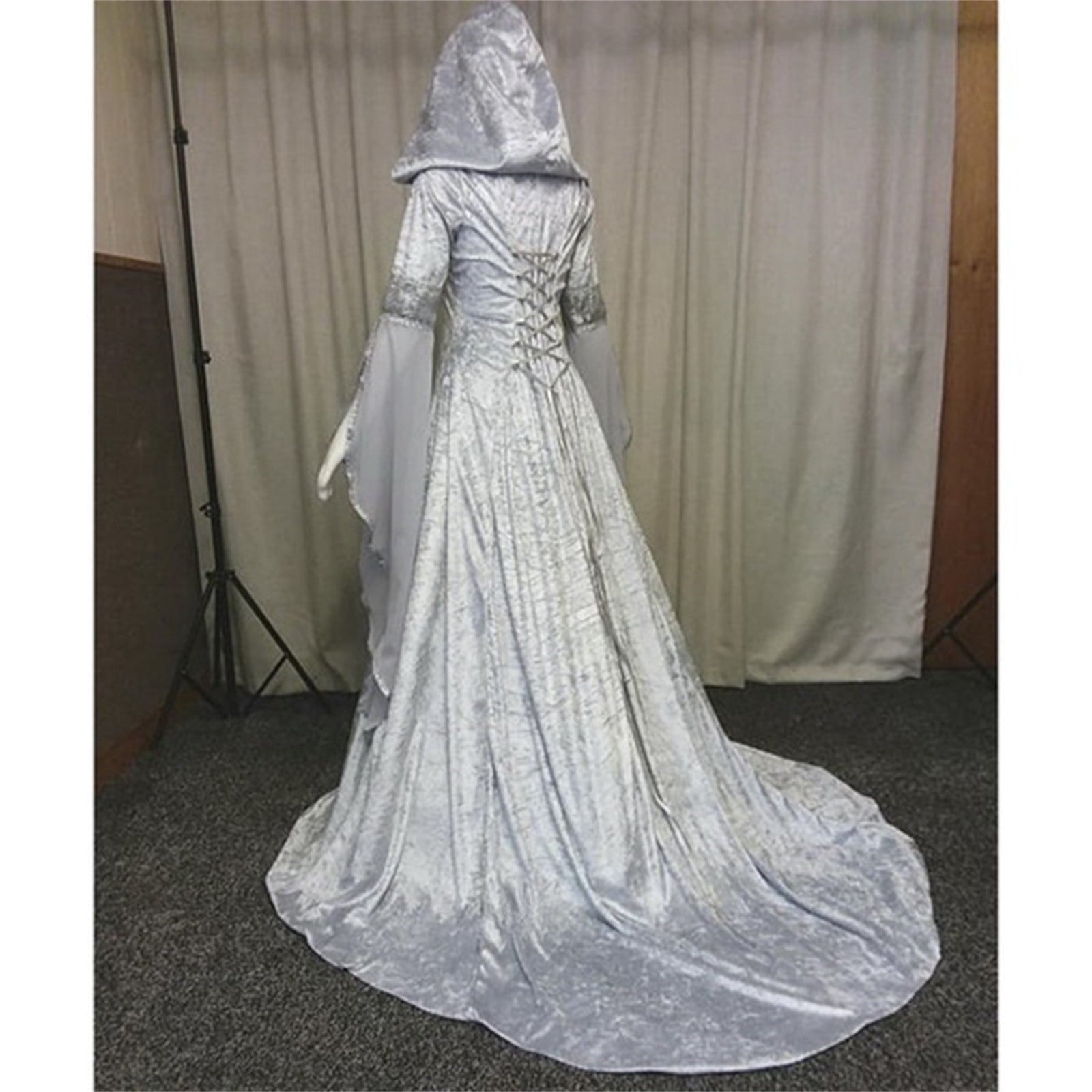 Medieval Renaissance Hooded Dress for Women, Silver Gothic Witch Costume with Lace-Up Corset, Vintage Velvet Long Sleeve Gown for Halloween Cosplay Renaissance Wedding Themed Party-Dark Blue/L