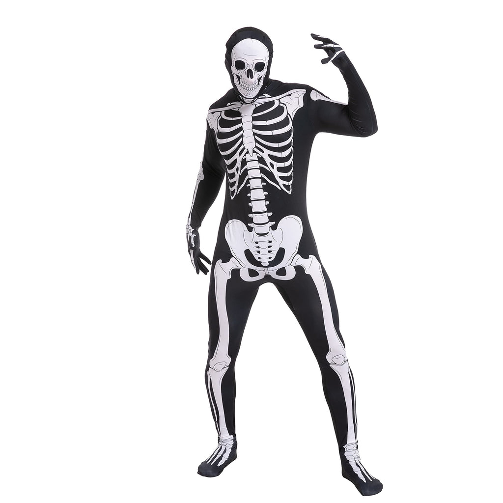 Joyfy Skeleton Costume for Adults, Skeleton Bone Bodysuit Halloween Costumes for Men with Skeleton Hood Mask, Halloween Party Fancy Dress-up