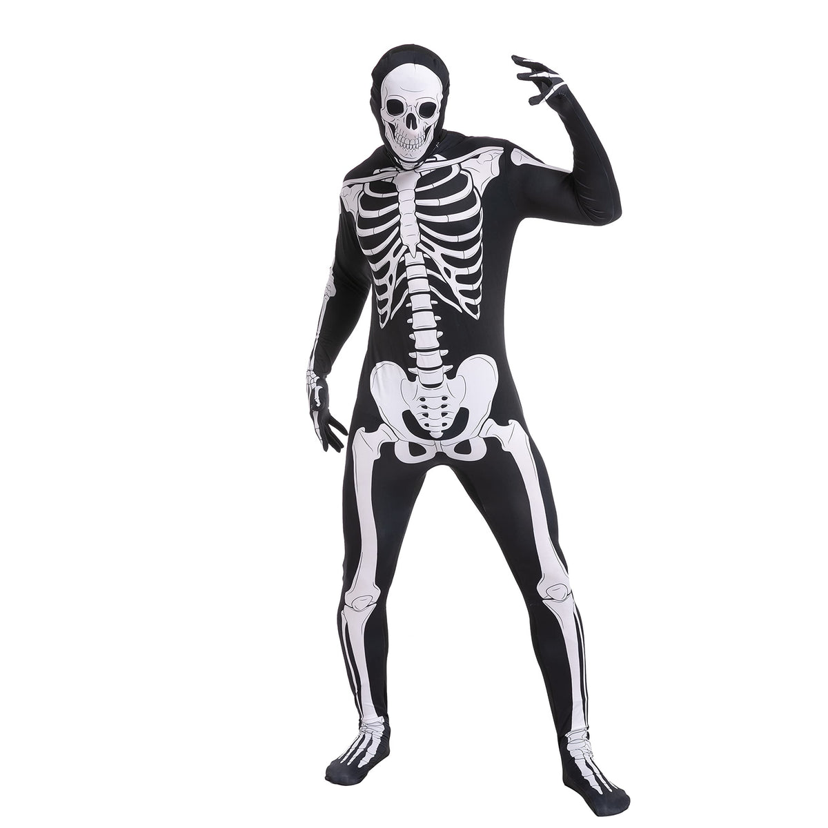 Joyfy Skeleton Costume for Adults, Skeleton Bone Bodysuit Halloween Costumes for Men with Skeleton Hood Mask, Halloween Party Fancy Dress-up