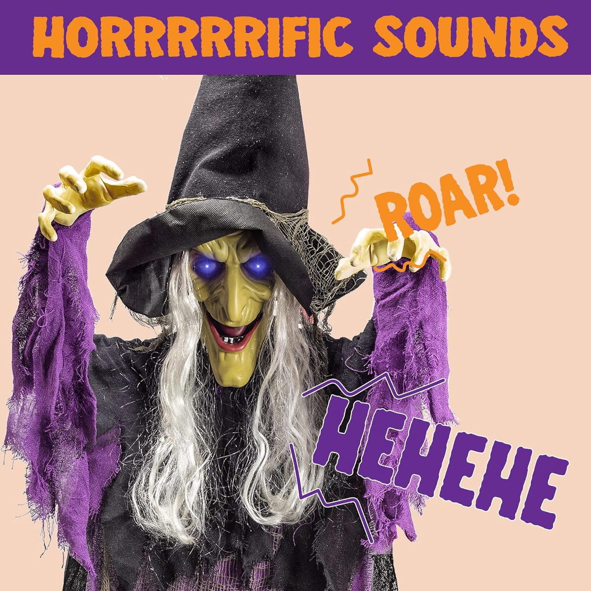 Joyfy 47" Halloween Decorations Outdoor,Life Size Animated Witch Scary Decorations Halloween Motion Activated Witch with LED Eyes & Sound,Haunted House Decor