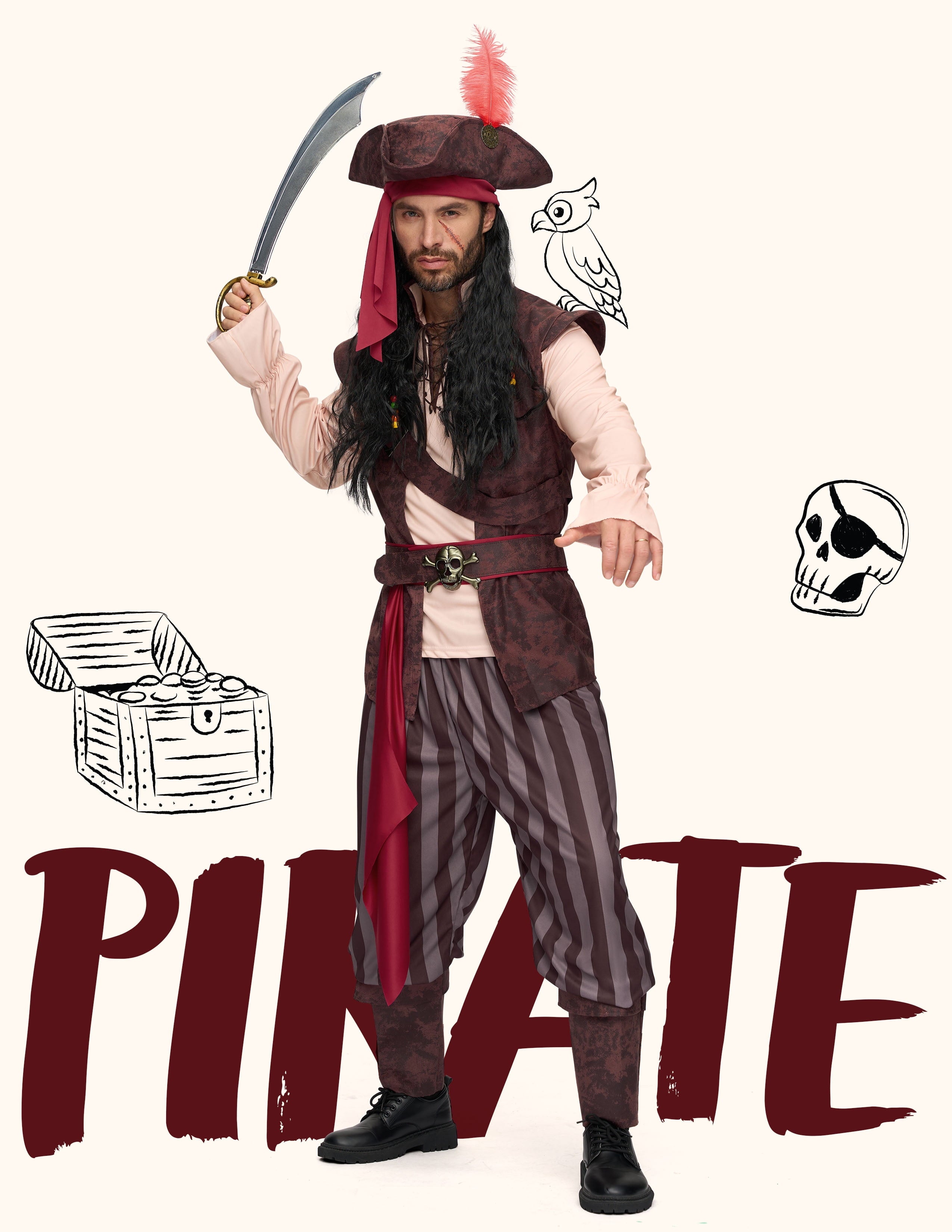 Joyfy Men Pirate Costume Set, Adult Halloween Costume Renaissance Medieval Viking Pirate Costume for Halloween Fancy Dress Up Party Cosplay