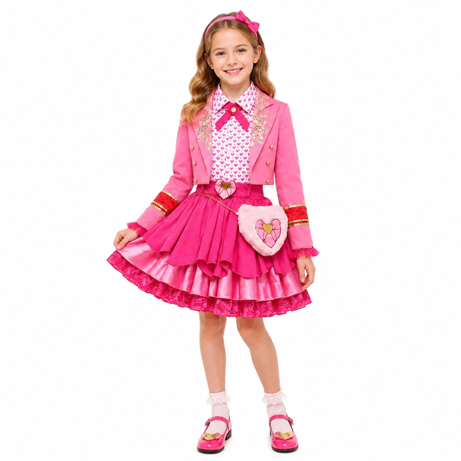 Satmonnus Women's Pink Princess Costume Set, Adult Halloween Cosplay Outfit with Heart Print Jacket, Layered Skirt & Fuzzy Bag, Fancy Dress Up for Themed Parties