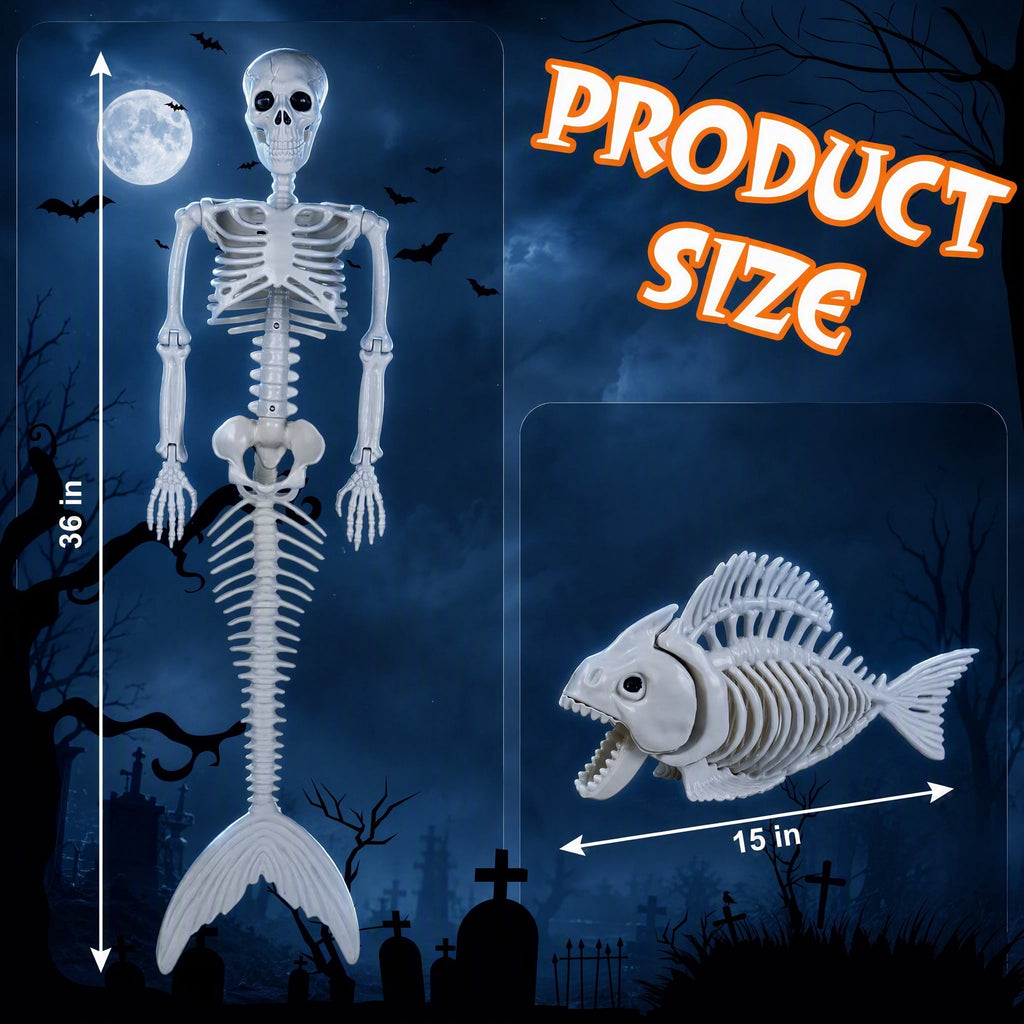 36inch Halloween mermaid skeleton, with flexible joints, can be posed and hung, suitable for Halloween indoor and outdoor decorations, parties, horror scenes and other occasions