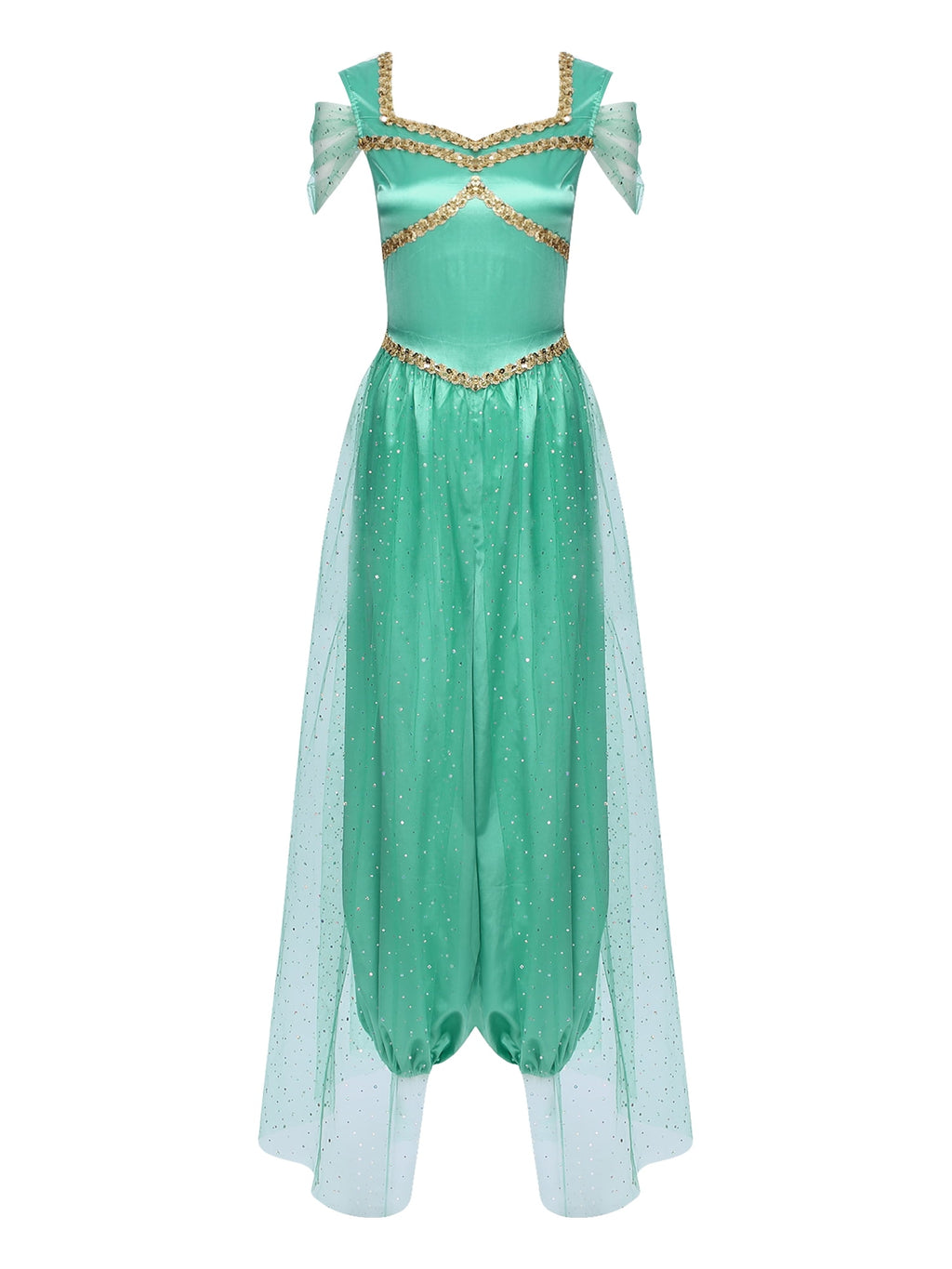 Aislor Women Halloween Arabian Princess Cosplay Costume Sequins Belly Dance Romper Jumpsuit Fancy Dress Lake Blue L