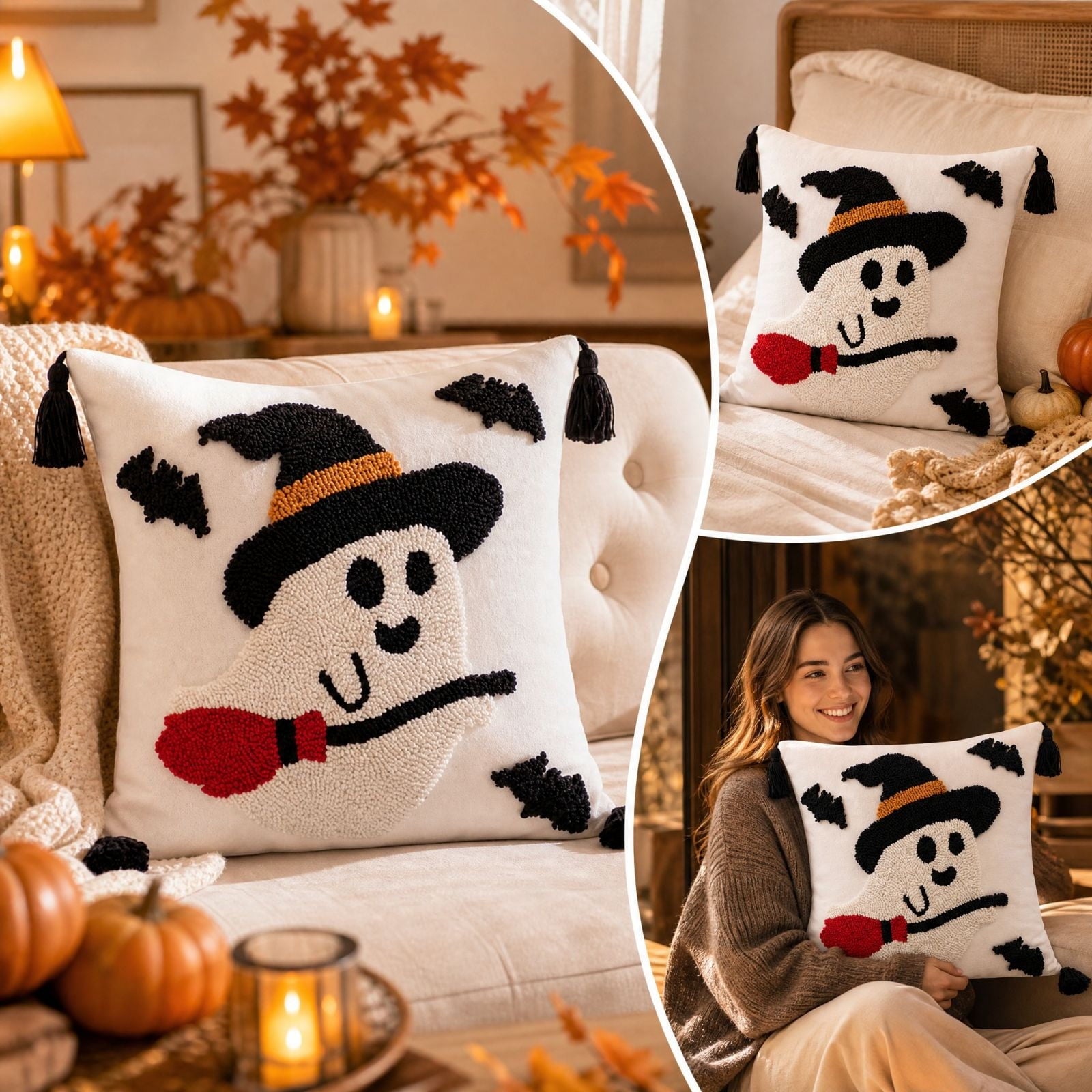 Halloween Ghost Reading Book Throw Pillow Cover, Spooky Library Bookshelf Skull Candlestick Decorative Pillowcase, Retro Halloween Cushion Cover