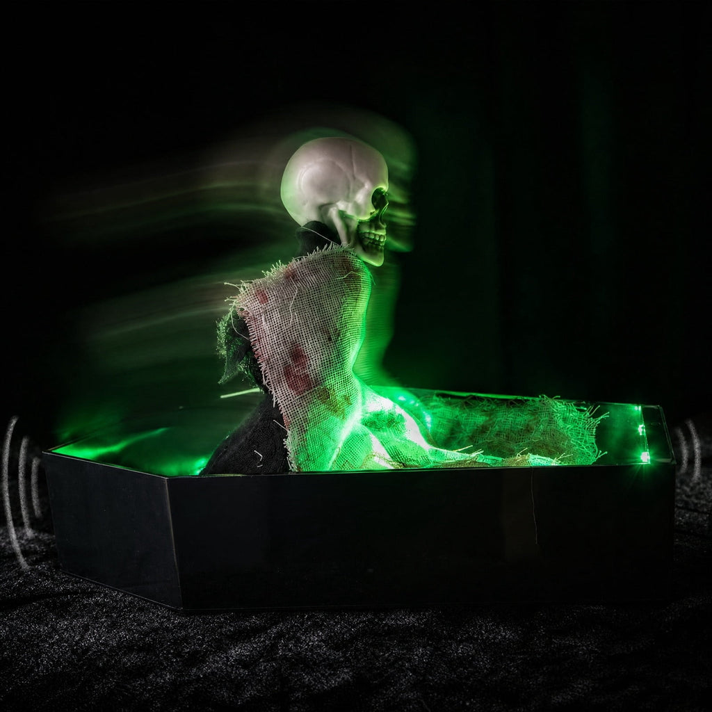 Halloween Animated Coffin Decoration, Rising Skeleton Skull Prop with LED Lights Motion Effect, Creepy Graveyard Horror Decor for Indoor Outdoor Party Tabletop Hau*nted Hous Display
