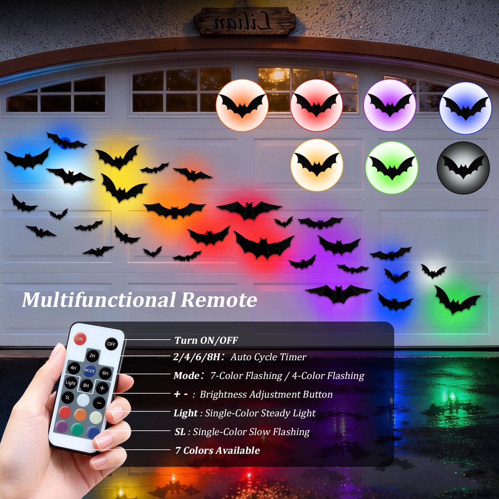 PChero 48Pcs Halloween Bats Wall Decor with 12 Color Changing Lights, 3D Light up Bats with Remote Timer, 10 Different Size PET LED Bat Wall Stickers for Bedroom Window Spooky Decor Home Decals