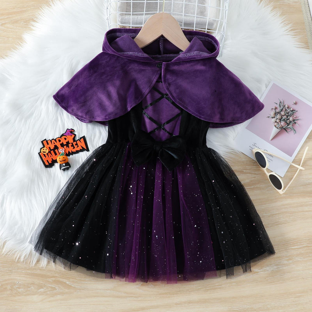 WIBACKER 1-6T Toddler Girls Witch Costume Kids Halloween Party Cosplay Ball Gown Tulle Dress with Plush Hooded Cape Shawl Set
