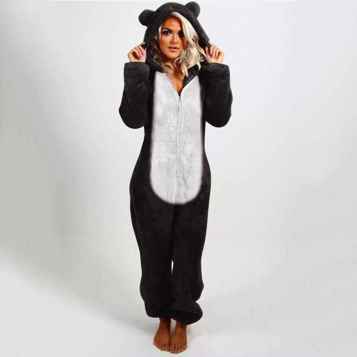 QATAINLAV Sherpa Fleece Jumpsuit for Women Winter Warm Fuzzy Onesie Pajamas Cute Cat Hooded Romper Casual Zip Up Overalls Sleepwear Black XL