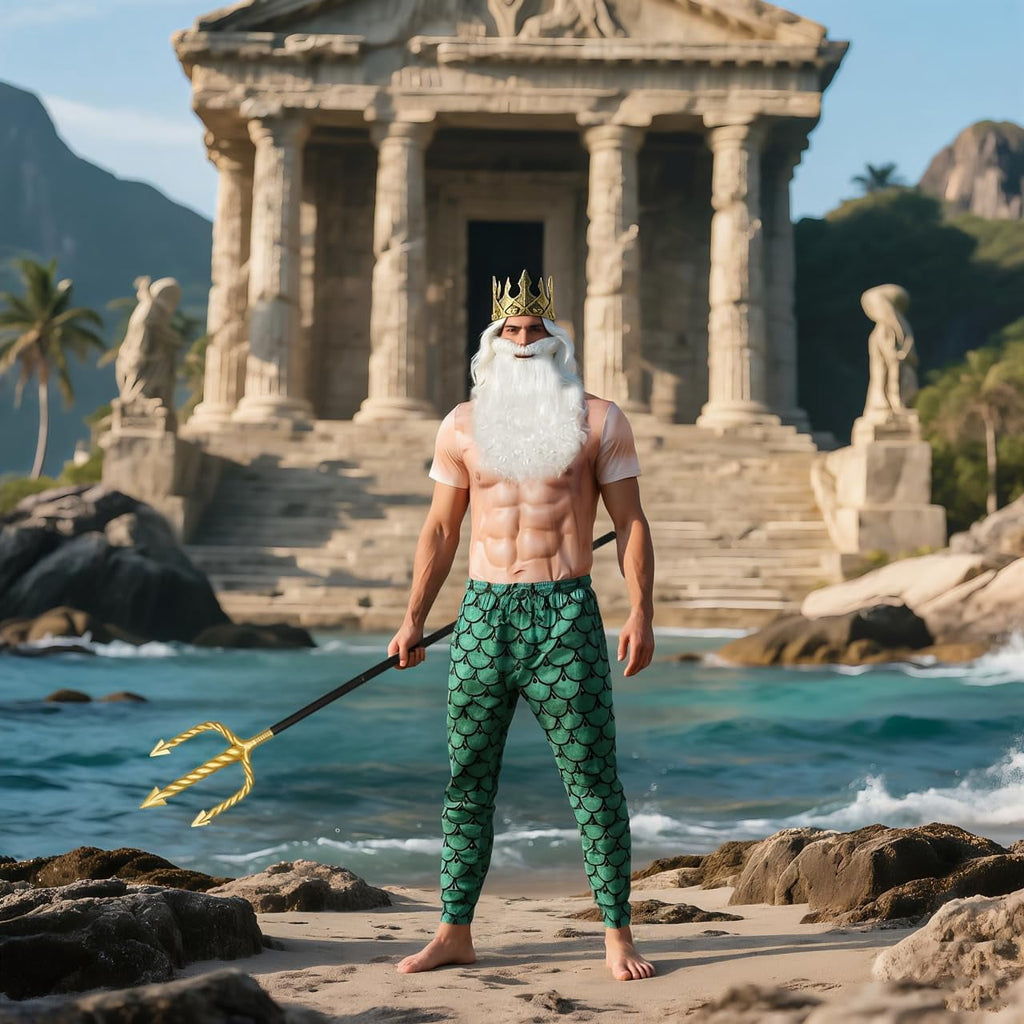 5 Pcs Halloween Poseidon Costumes Cosplay God of The Sea Mermaid Pants Muscle Shirt Trident Scepter Wig Beard and King Crown
