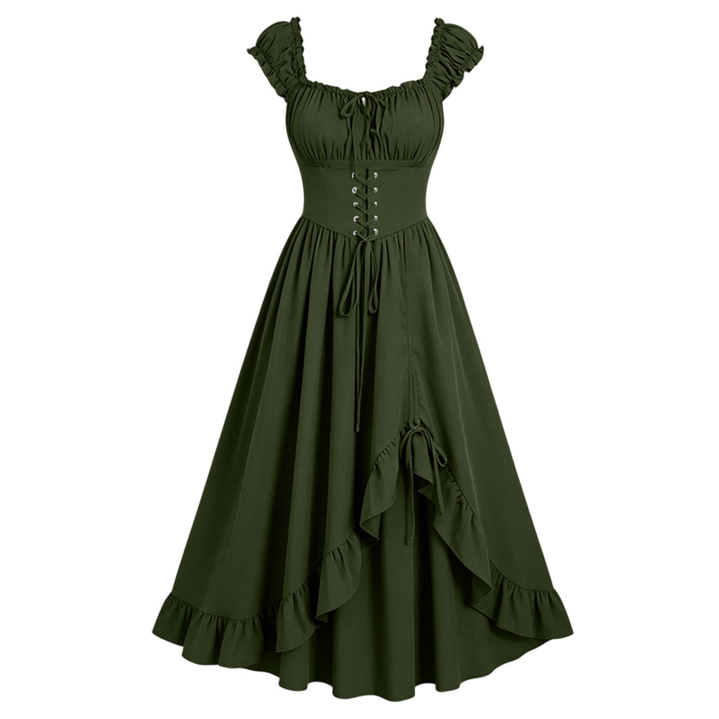 Gothic Dresses for Women Medieval Renaissance Halloween Costume Lace Up Corset High Low Ruffle Hem Square Neck Vintage Gown