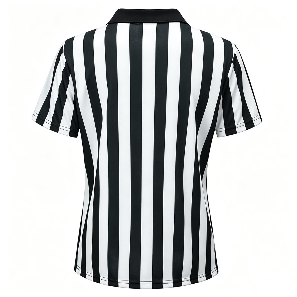 MARTINE MALL 4 Pcs Women Referee Costume Black and White Stripe Ref Shirt Jersey Shorts Referee Hat for Halloween Party Costumes Outfits
