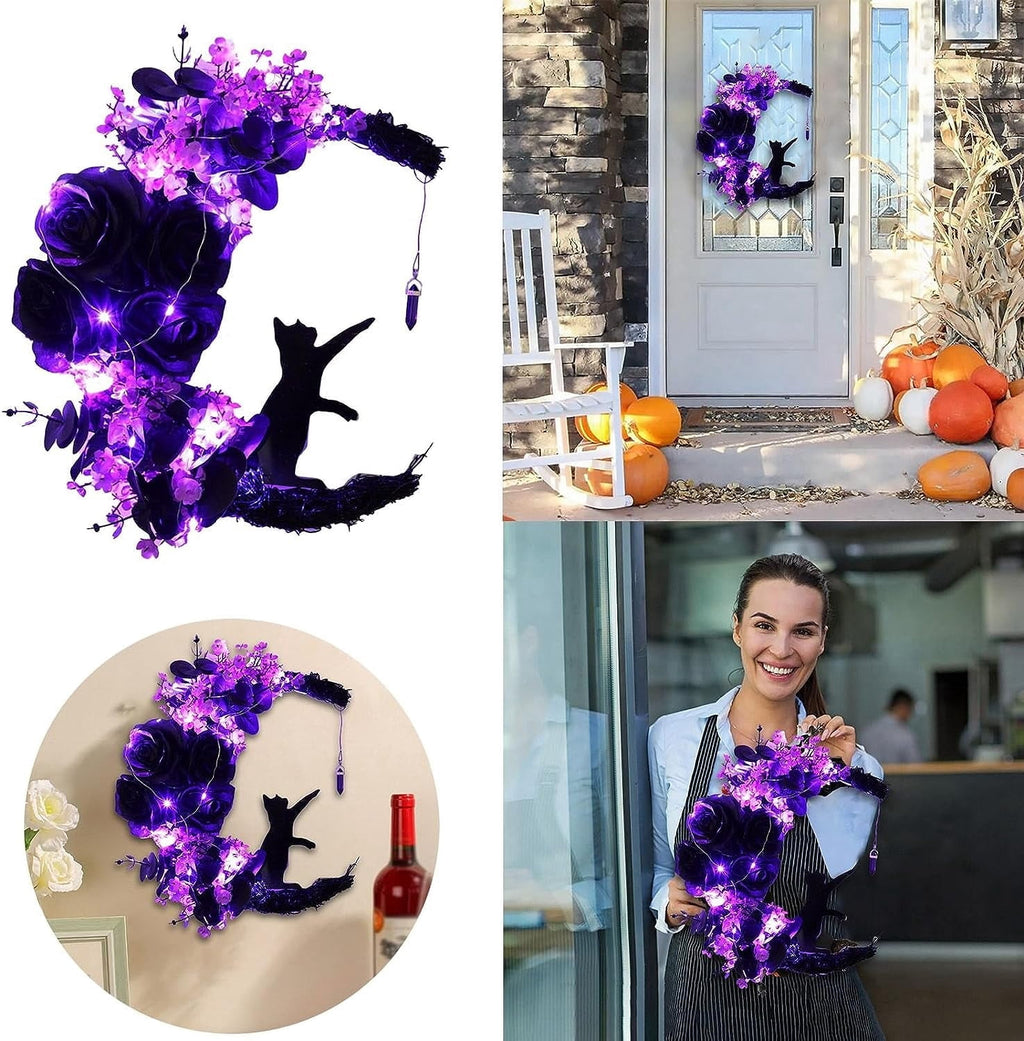 Wiher Halloween Wreaths with Lights for Front Door, 13.77" Halloween Moon Wreath with Black Cat Wood Wreath Halloween Wreath Horror Decorations for Home Party Window Wall Indoor Outdoor C