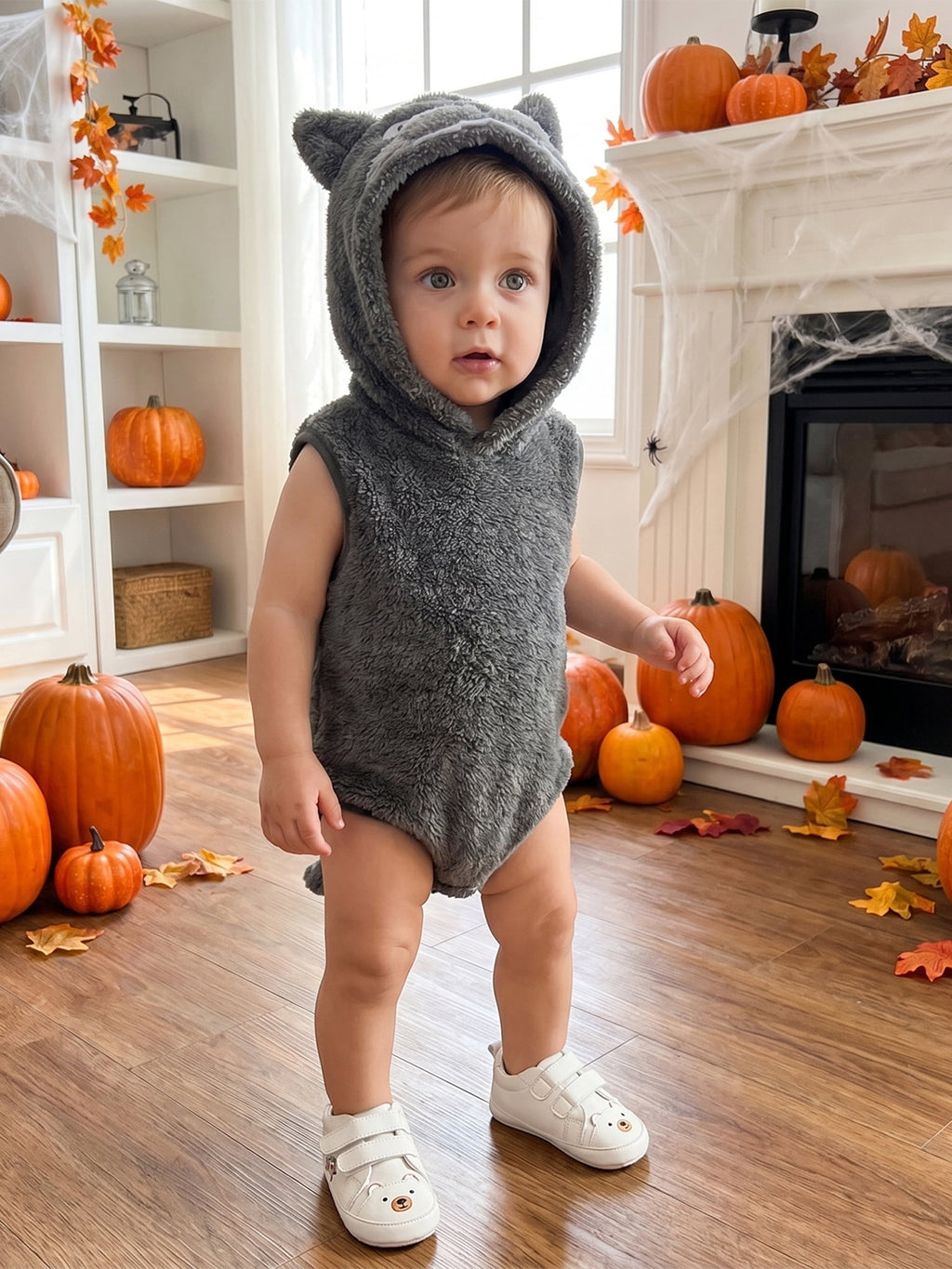 RUINIXCW Newborn Baby Boy Halloween Wolf Costume Kids Infant Animal Cosplay Outfit Toddler Fall Winter Clothes Warm Fleece Hooded Sleeveless Romper