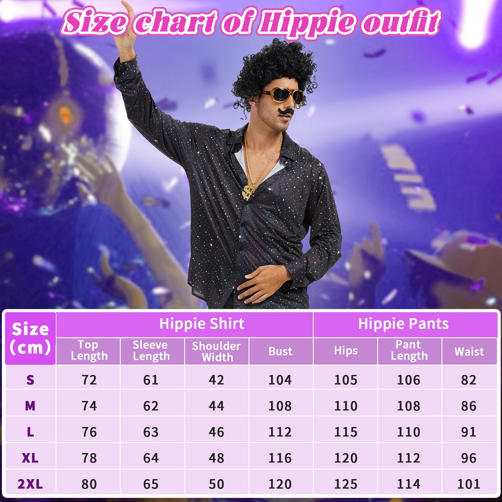 MYATED 70s Disco Costume for Men 6 Pcs Dance Bell Bottom Pants Retro Shirts Wigs Sunglasses Necklace Shirts for Disco Party (Black,L)