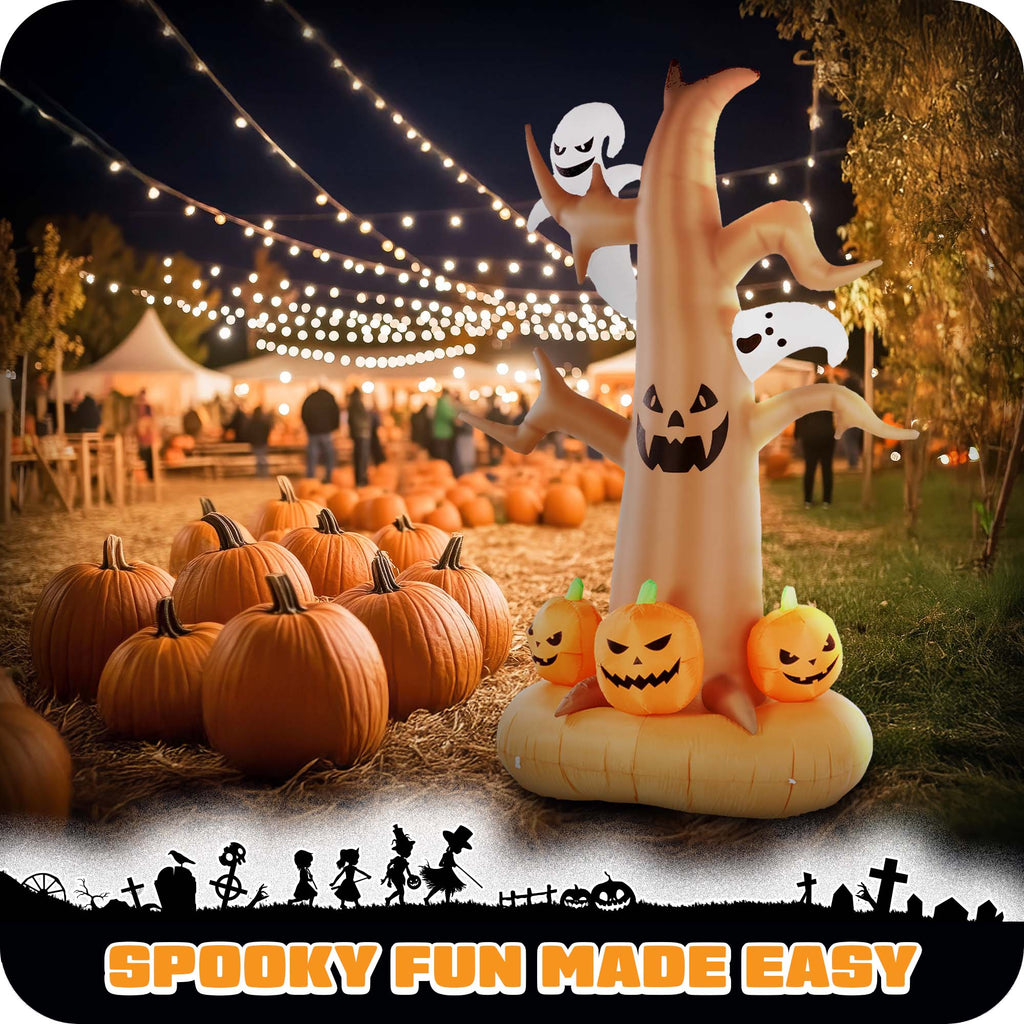 G128 8ft Halloween Haunted Tree Inflatable with Ghosts Pumpkins LED Lights Outdoor Yard Decor