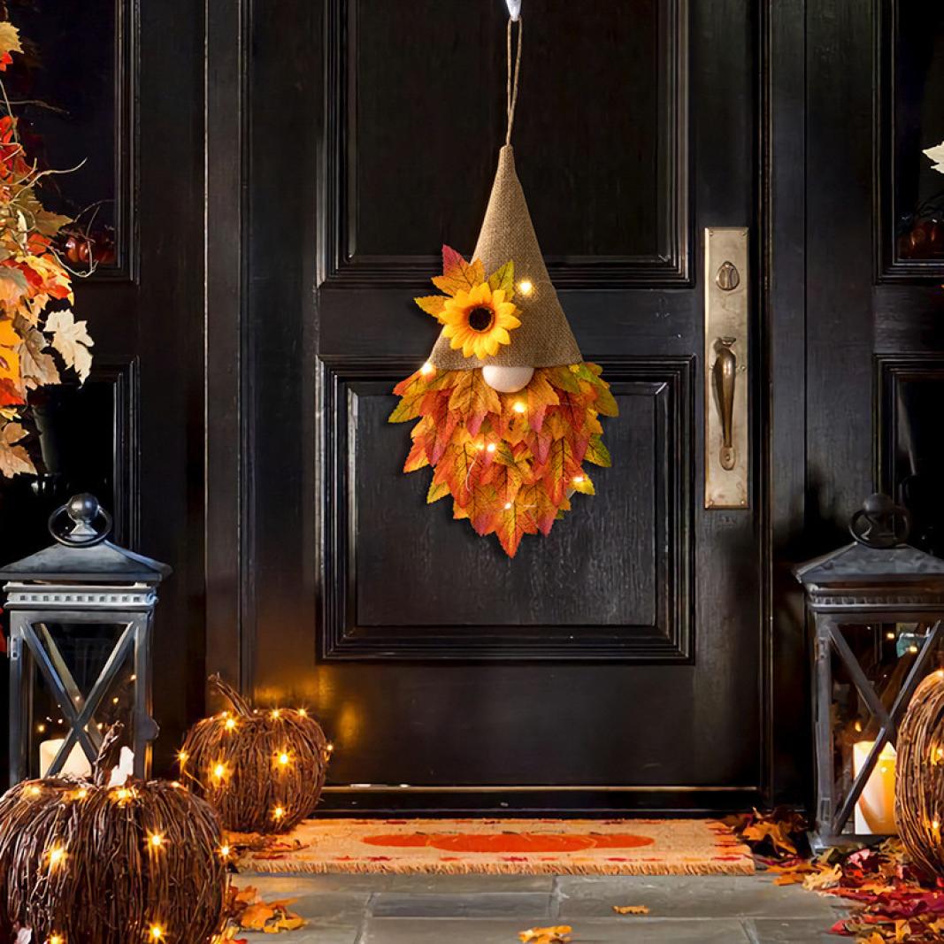 Fall Maple Leaf Gnome Wreaths for Front Door with Lights, 14.6'' Autumn Door Wreath Gnome, Maple Leaf Fall Decorations Wreath, Fall Wreath for Halloween Decorations, Thanksgiving, Harvest Festival