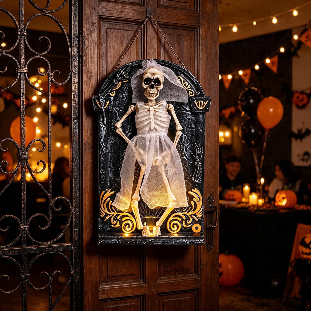 Halloween Animated Skeleton Tombstone Door Hanging Decor, Light Up Moving Skull Ornament with Warm LED, Gothic Front Door Wall Prop for Party Home
