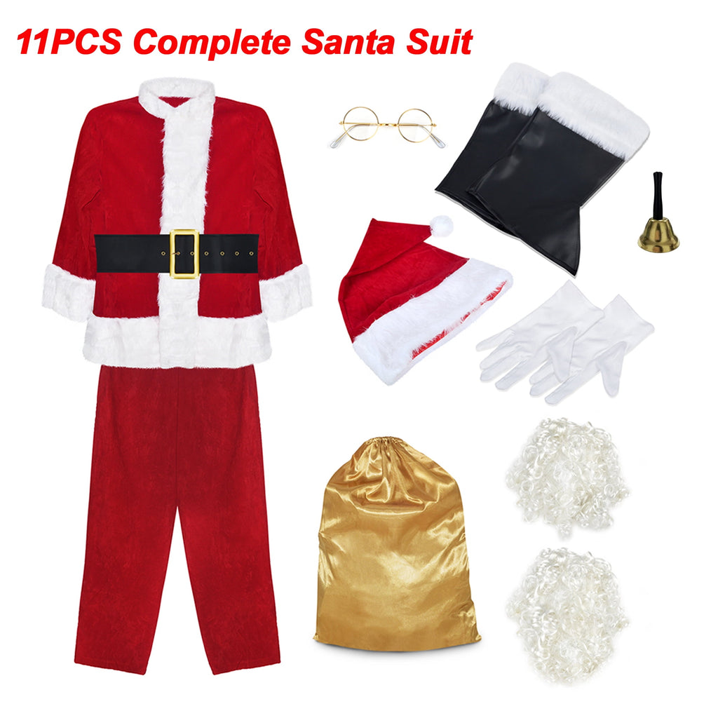 Men's Santa Claus Costume 11PCS. Velvet Adult Deluxe Santa Suit -M
