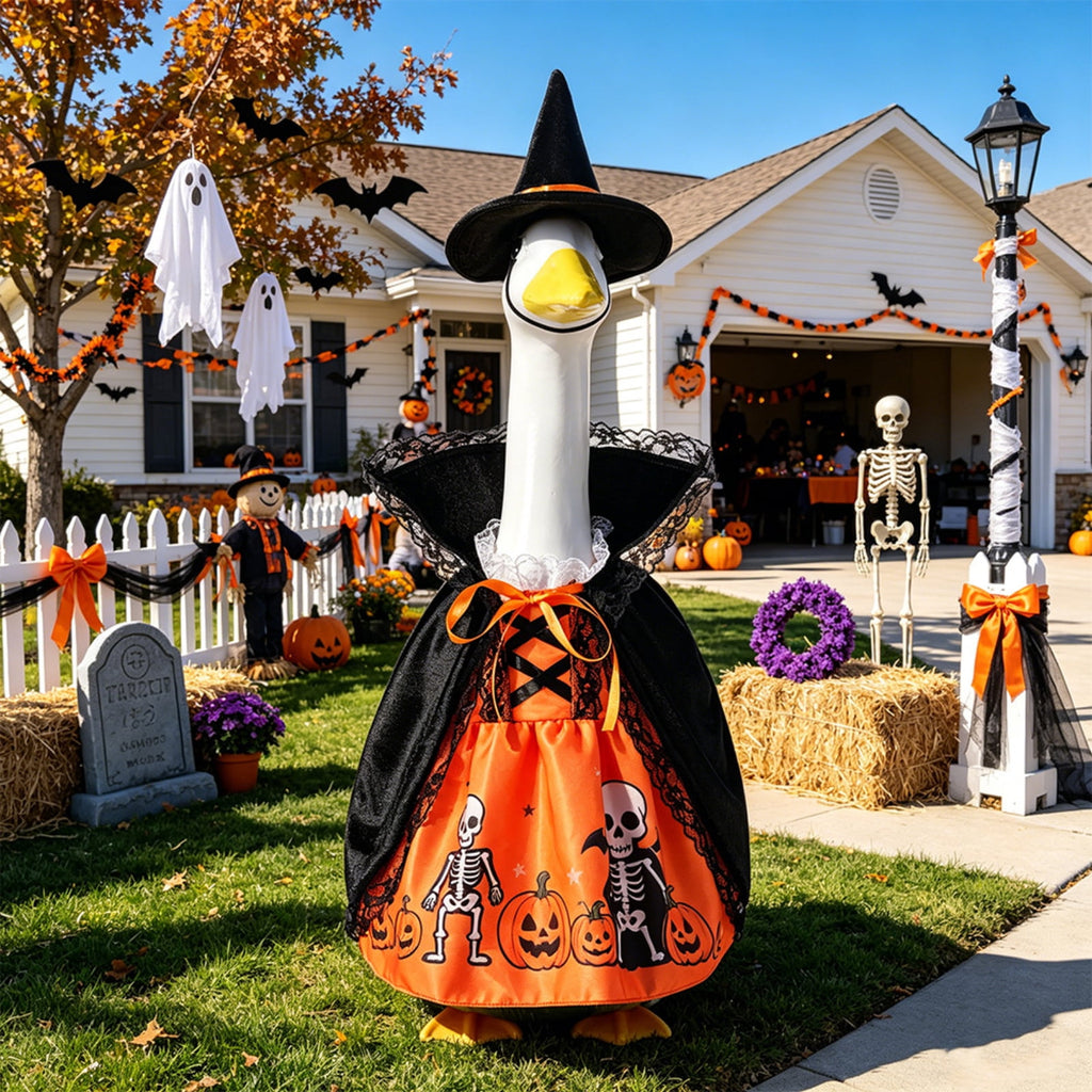 Bat Witch Hat Spiderweb Halloween Goose Clothes Fit 17/23In Cement Plastic Lawn Goose, Stylish Full Set for Outdoor Yard Patio Garden Seasonal Halloween Home Ornamental Arrangement
