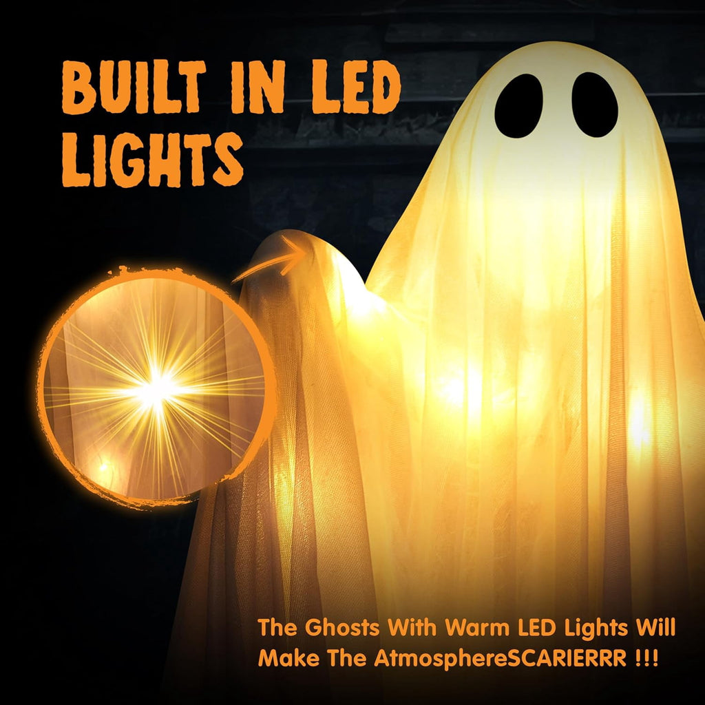 Joyfy 47inch Halloween Decorations Outdoor Hanging Ghost,Light up White Ghosts with Spooky Warm White LED Light,Halloween Outdoor Yard Porch Decorations,Haunted House Decorations