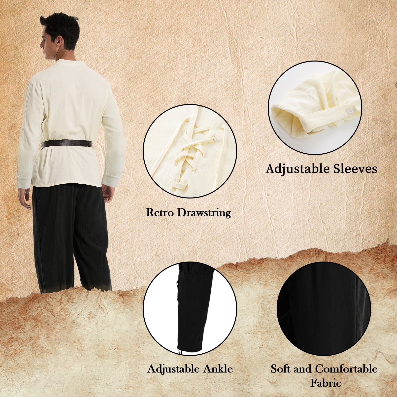 WASFDN 5 Pcs Men's Renaissance Costume Medieval Pirate Shirt Ankle Banded Pants Viking Costume Accessories Set,Style 2,M