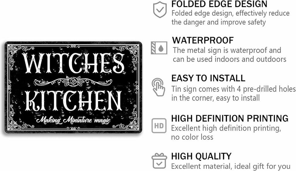AociSuki Witches Kitchen Sign Halloween Metal Sign Vintage Spooky Decor Halloween Witch Decor Signs Gothic Halloween Decorations for Cafe Bar Kitchen 8x12 Inch