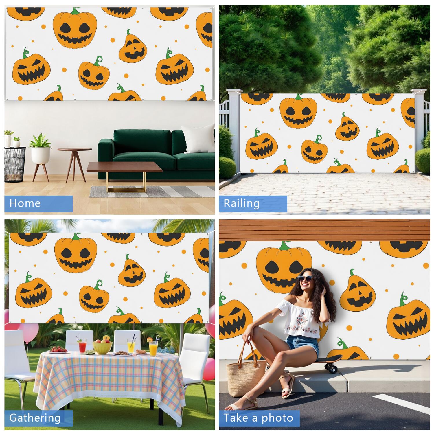 Halloween Garage Door Cover - 13x6ft Spooky Ghost Pumpkin Skull Witch Black Cat Polyester Backdrop for Outdoor Decor