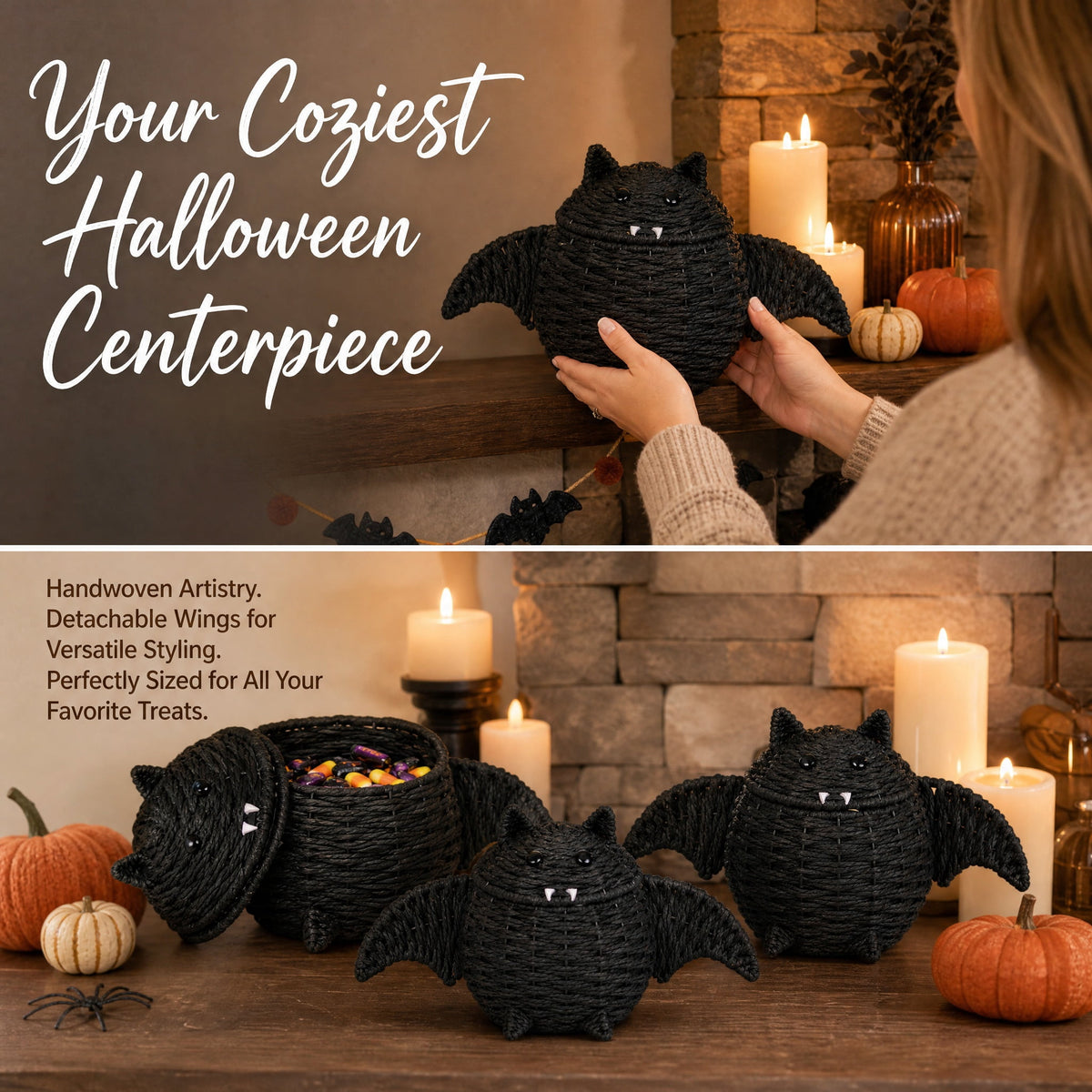 Gomind Halloween Woven Bat Storage Basket 15.75"x10.63", Handcraft Rattan Bat Candy Bowl with Lid, Indoor Tabletop Decor Organizer