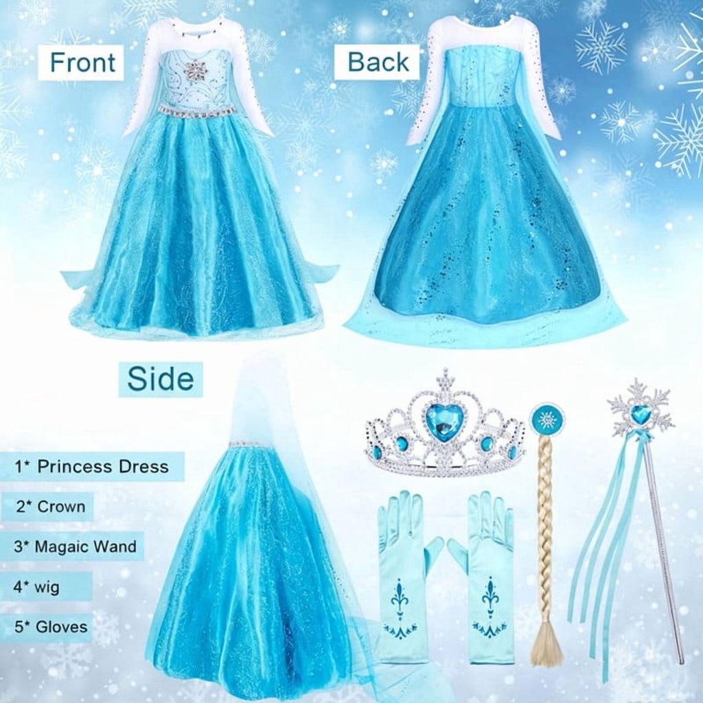 Jurebecia Princess Dress for Girls Birthday Party Blue Costume up Toddlers Kids Christmas Halloween Cosplay Clothes with Accessories 6T(5-6Years)