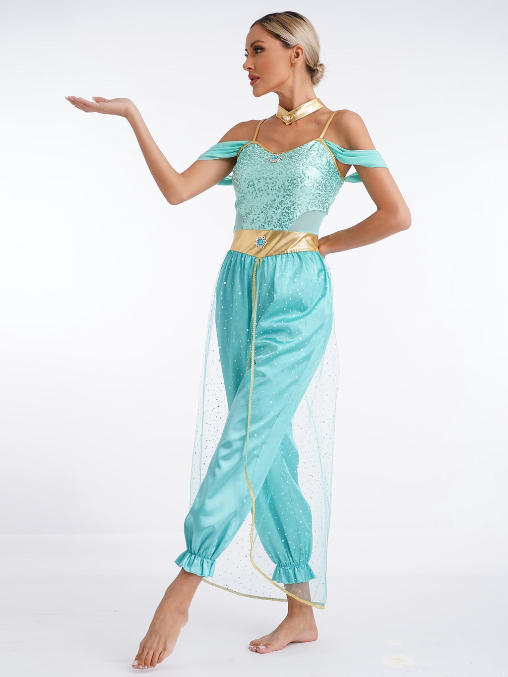 YiZYiF Women's Arabian Princess Dance Costume Halloween Party Fancy Dress Shiny Belly Dance Jumpsuit Turquoise B 4XL