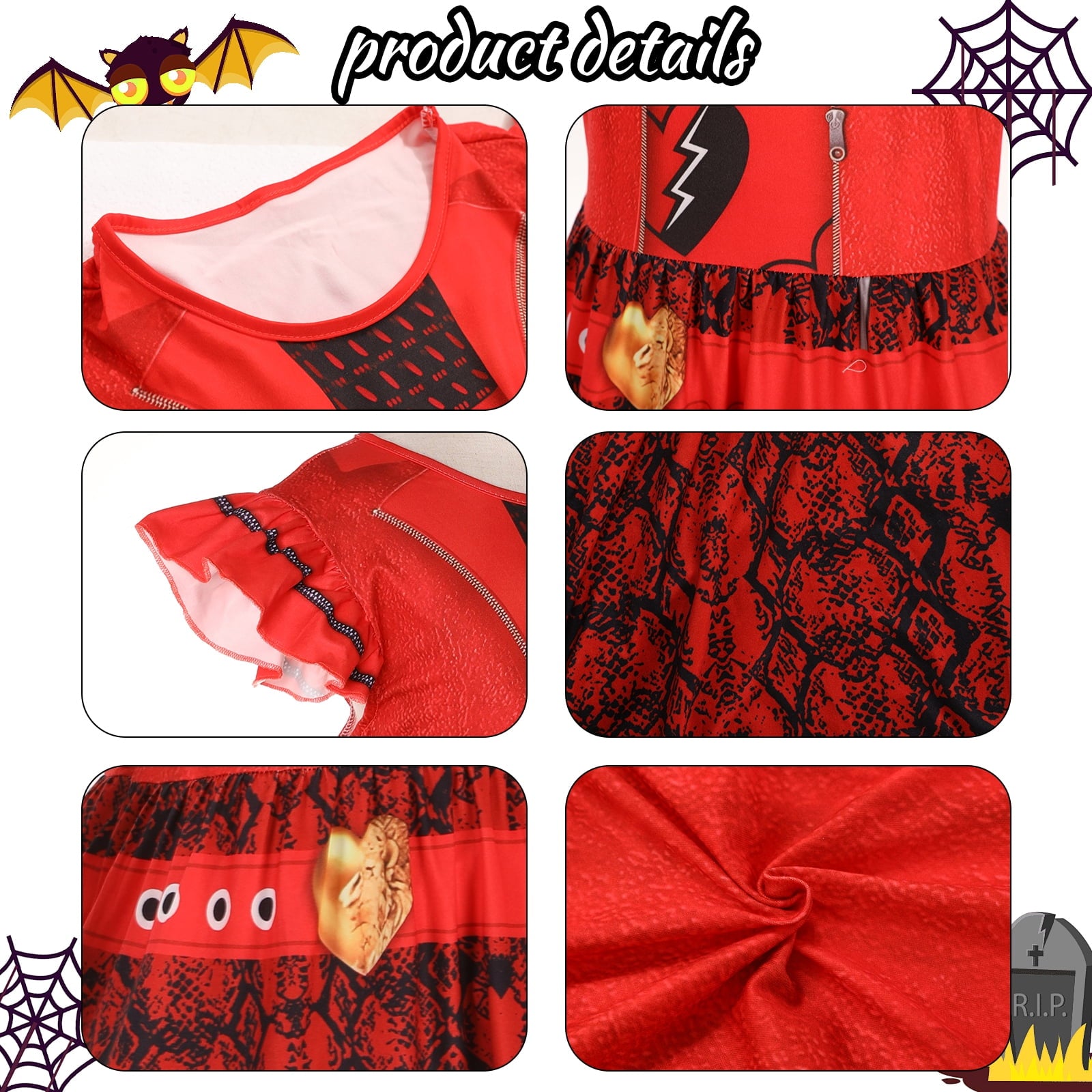 4 Piece Girls Red Heart Vampire Descendants Costume Dress with Wig Gloves Bag Full Set,Red Princess Dress Fancy Party Outfits(130CM)