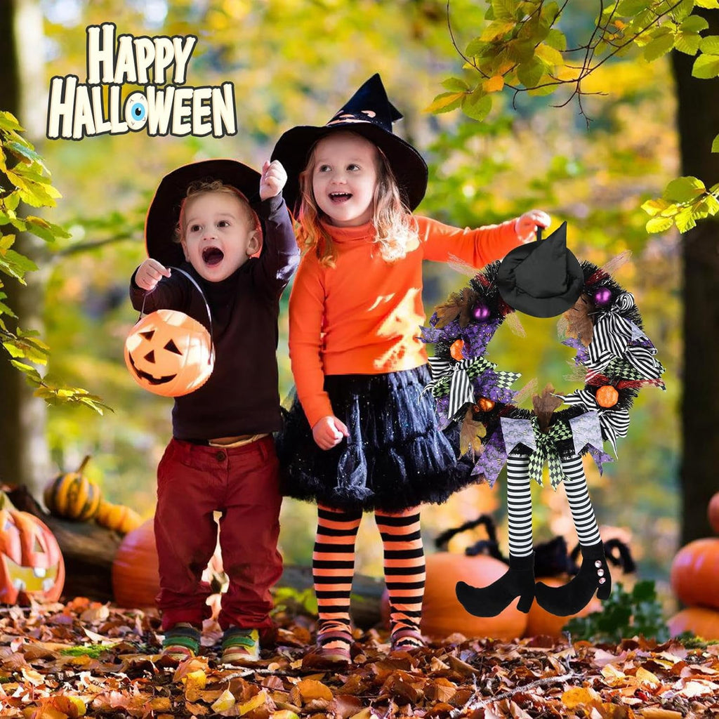 TETOU Halloween Wreaths for Front Door, 27" Witch Wreath Halloween Costumes, Autumn Door Wreath Witch's Hat and Legs Pumpkin Halloween Indoor & Outdoor Wall Decor