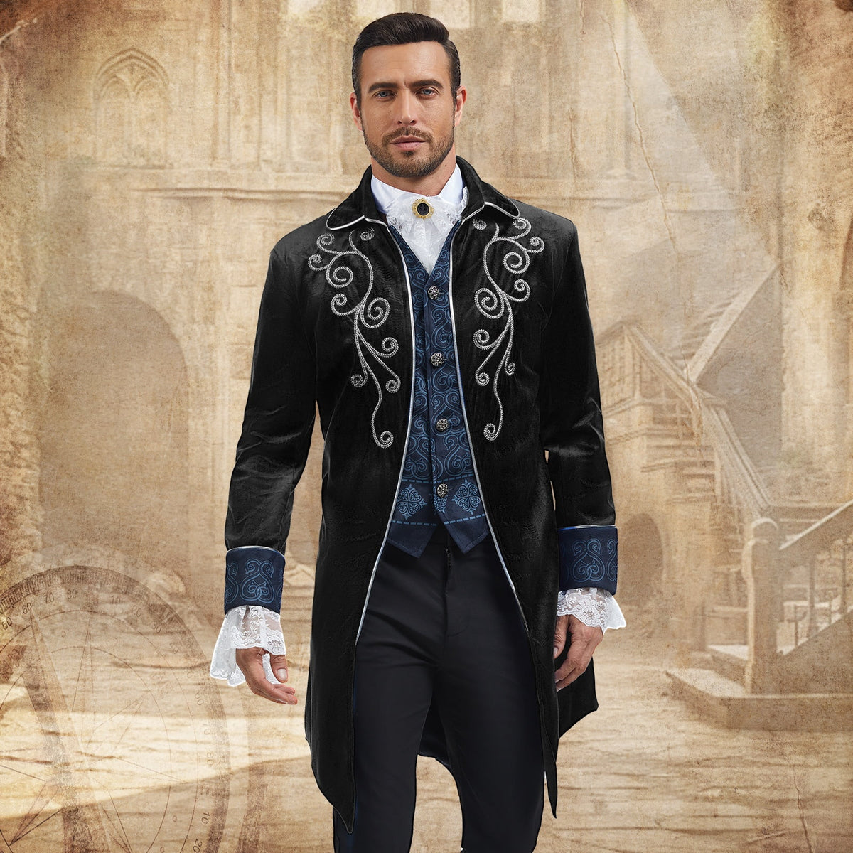 MYATED Medieval Steampunk Tailcoat for Men,Gothic Victorian Frock Coat Renaissance Pirate Jackets Halloween Party Cosplay Costumes,Blue,S