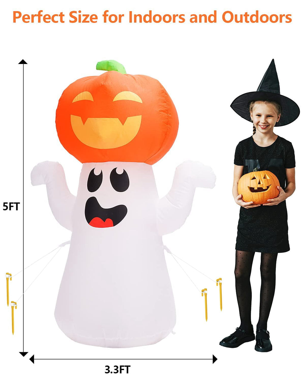 5FT Halloween Inflatable Pumpkin with 360° Rotating LED Lights, Outdoor/Indoor Decor