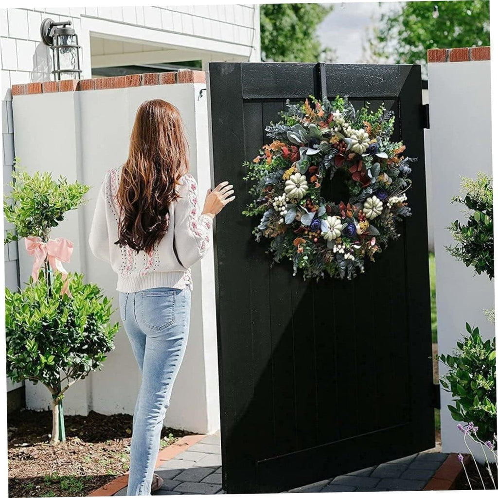 Artificial Fall Wreaths for Front Door Rustic Autumn Wreath with Pumpkin,Rose,Berry Branchesm,Mixed Leaves Thanksgiving Wreath Fall Door Wreath for Halloween Thanksgiving Indoor Outdoor Decor (B17.7)