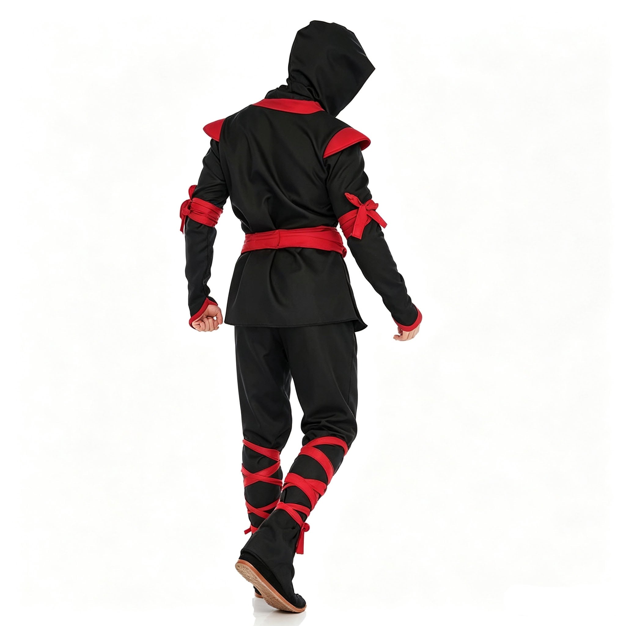 Men Ninja Costume Outfit, Complete Black‑Red Ninja Hooded Suit with Face Mask for Adult, Halloween Cosplay Theme Party Fancy Dress for Men