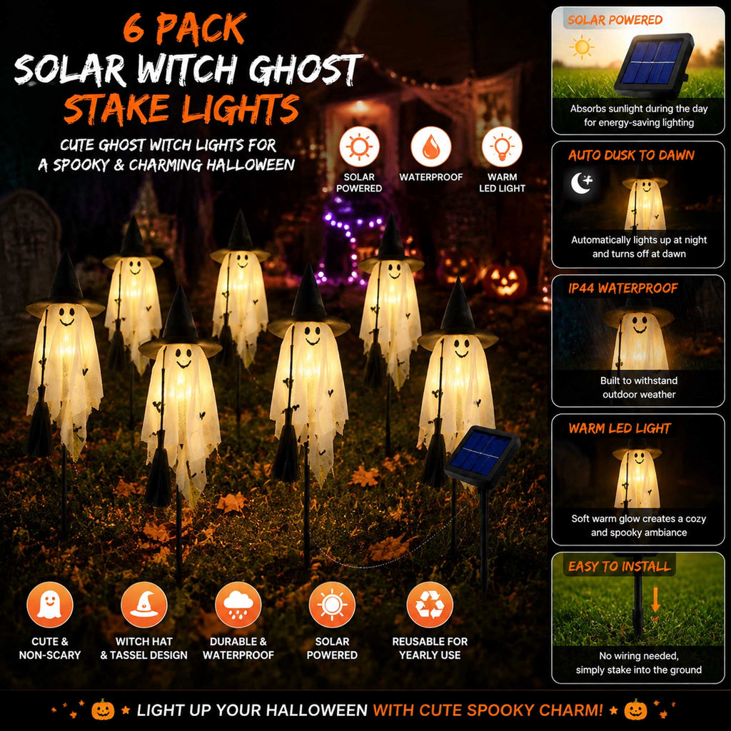 6 Pack Solar Ghost Stake Lights, Halloween Witch Hat LED Garden Lights for Outdoor Yard Garden Pathway and Porch Decor