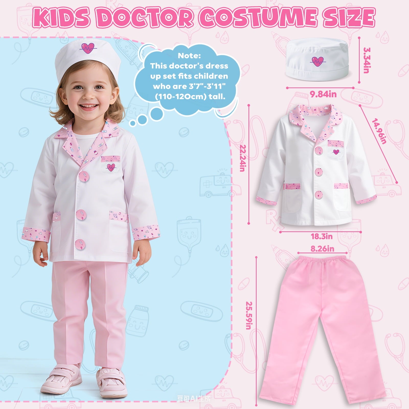 Doctor Costume Set for Kids, Pretend Play Doctor Dress up Clothes with Medical Accessories, Kids Doctor Costume Set Toy for Age 3 4 5 6 Boys Girls - Pink(110cm*3.6in)