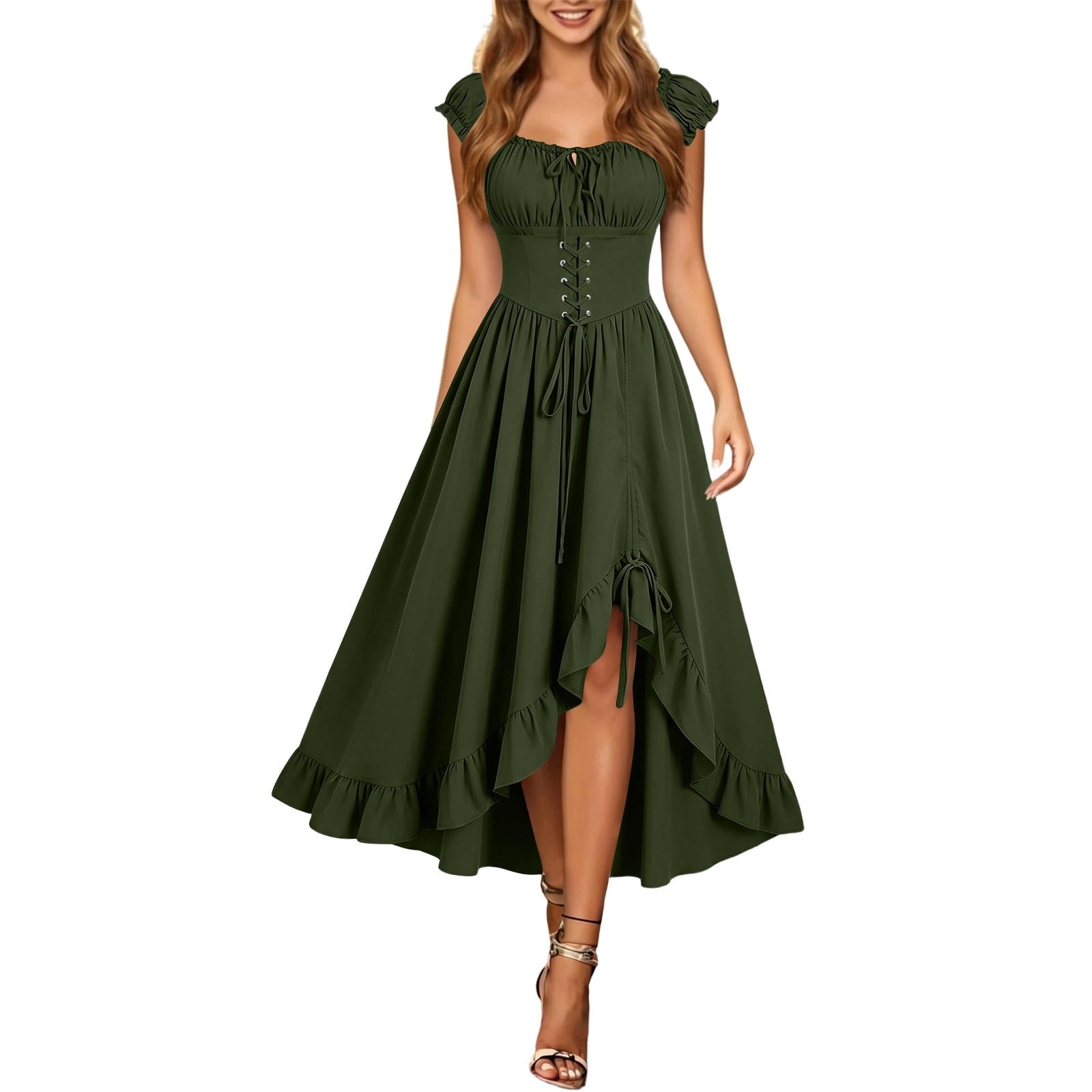 Gothic Dresses for Women Medieval Renaissance Halloween Costume Lace Up Corset High Low Ruffle Hem Square Neck Vintage Gown