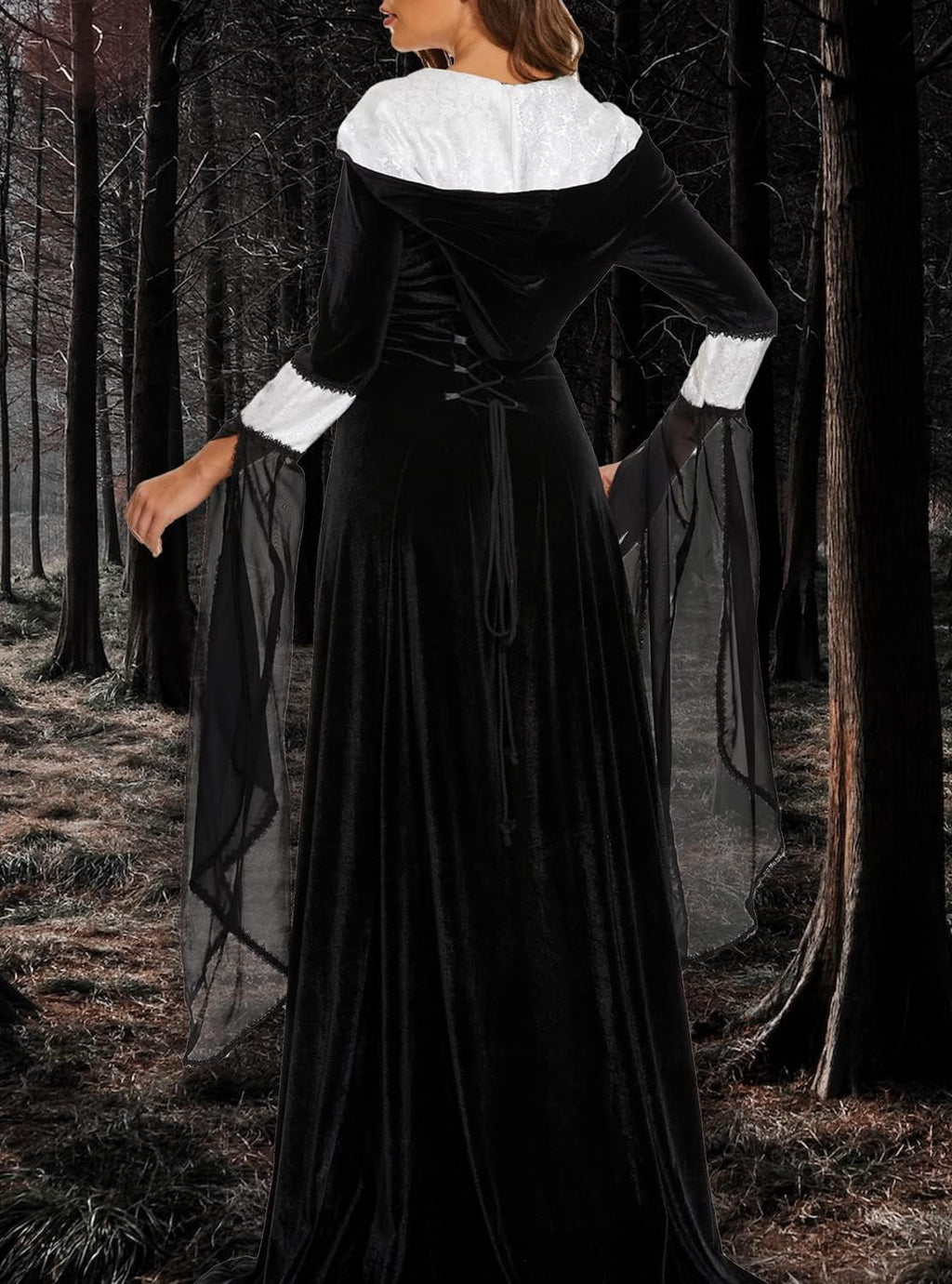 Halloween Witch Costume Women, Deluxe Witch Dress Costume, Vintage Embroidered Renaissance Gothic Hooded Vampire Gown Dress Cosplay Costumes Black M