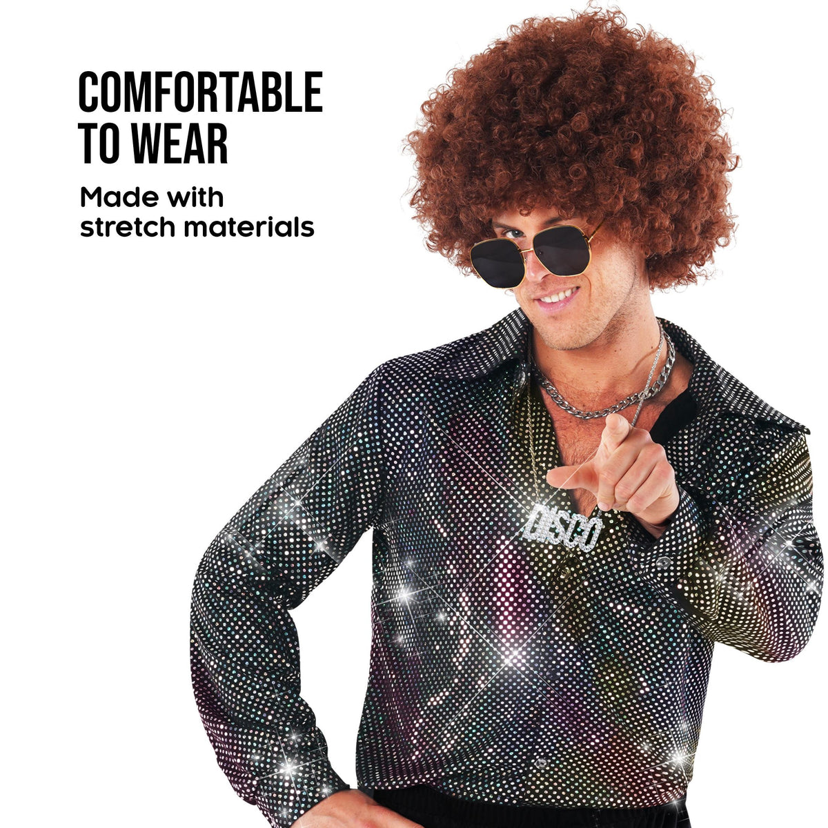 Morph Morph Disco Shirt Mens 70S Costume, Fancy Dress Outfit for Men, Retro 1970S Disco Party Wear, 80S Theme Costume Halloween Costume for Men Silver Small