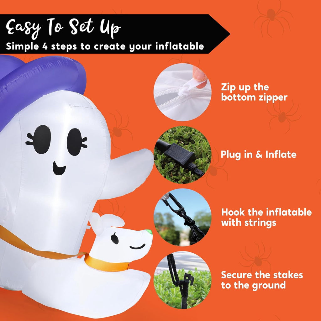 Joyfy 5ft Halloween Inflatables Light up Cute Ghost,Blow Up Ghost Lift Pumpkin Candy Bag with Build-in LEDs for Yard Decorations
