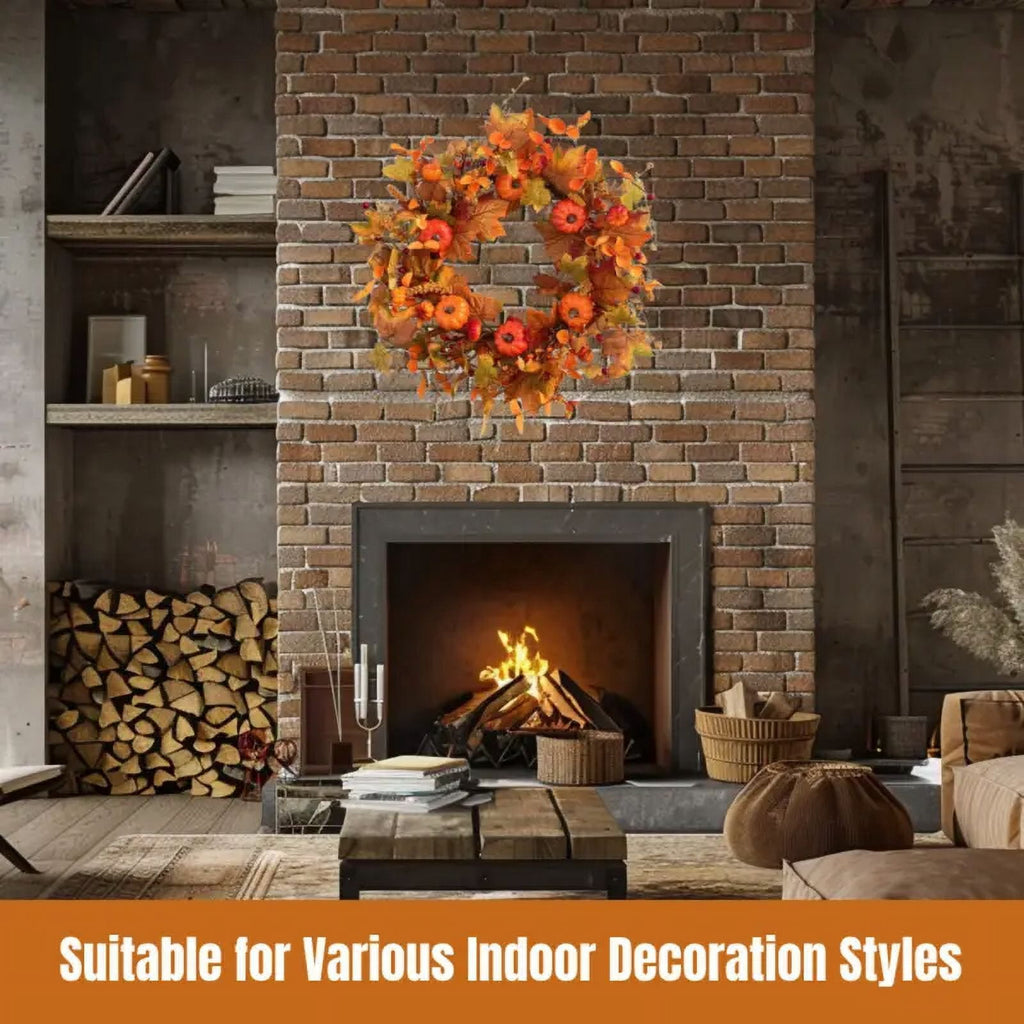 Fall Wreath Pumpkin Wreath Halloween Wreath for Front Door with Maple Leaves Harvest Wreath for Door Window Porch Thanksgiving Halloween Decor