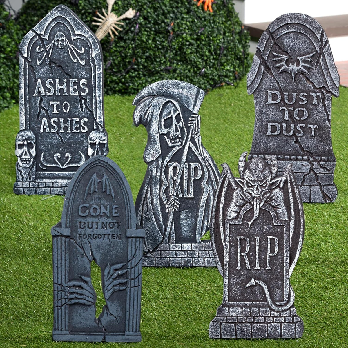 Joyfy 17" Halloween 5 Pack Tombstone Decorations, Foam RIP Graveyard Signs Cemetery Headstones Scary Outdoor Indoor Halloween Decor with 12 Metal Stakes for Easy Set Up, Waterproof for Garden Lawn